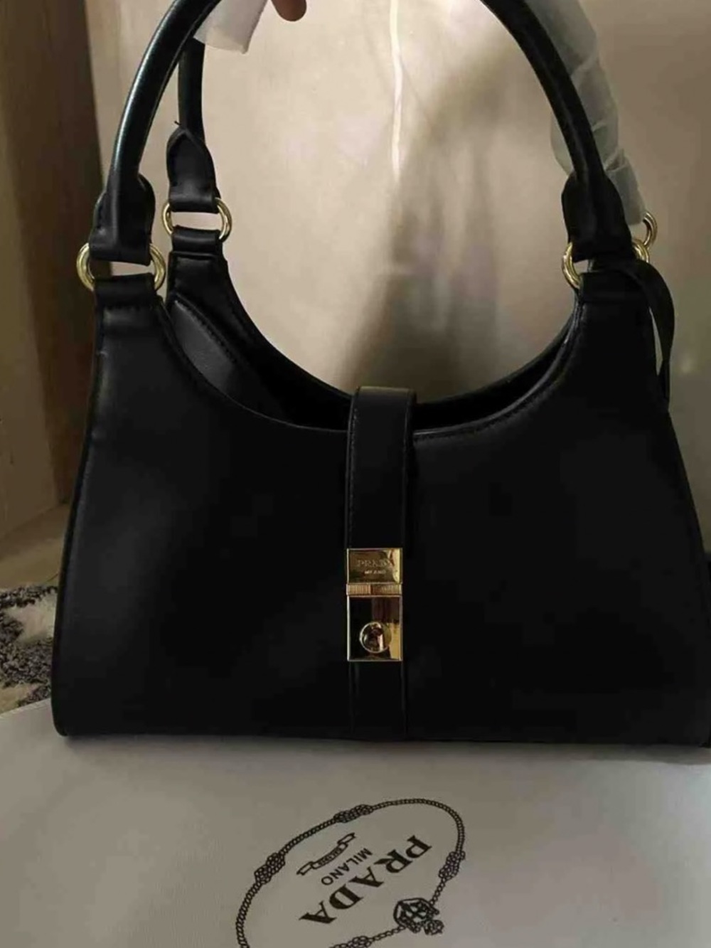 Prada Black Leather Shoulder Bag with Gold Hardware